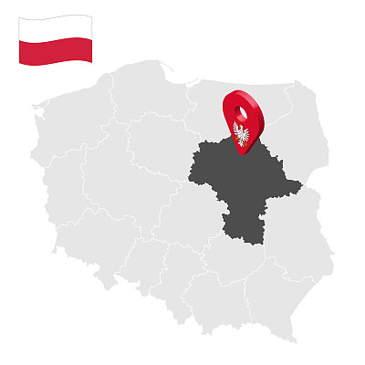 波兰地图上的马佐维亚位置。类似于马佐维亚旗的3d位置标志。质量地图与省份的波兰为您的设计。EPS10。“n