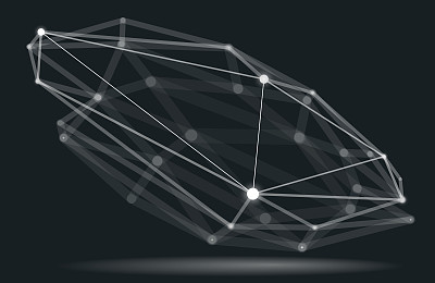 摘要三维网格形状矢量插图，点与线连接技术多边形对象，动态技术和科学网格，具有逼真的景深效果。
