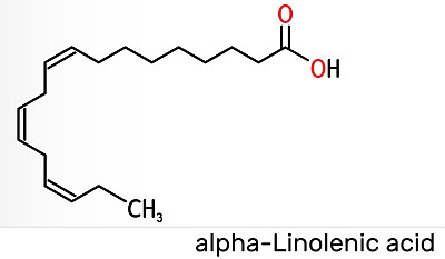 -亚麻酸，ALA分子。羧基多不饱和脂肪酸-3。许多常见植物油的成分。骨骼的化学公式