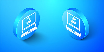 等距笔记本电脑和免费wi-fi无线连接图标隔离在蓝色背景。无线技术，wi-fi连接，网络，热点概念。蓝色圆按钮。向量