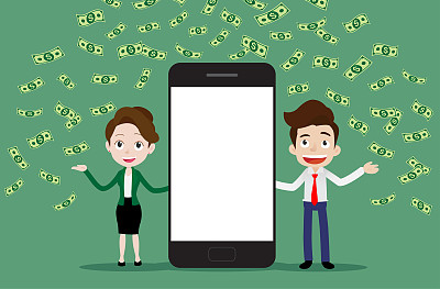 商人和女商人正站在巨大的智能手机旁边，白色的屏幕下着落下的钱雨，用手机在线赚钱的概念