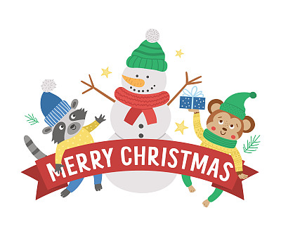 Vector Merry Christmas composition with text, snowman, raccoon, monkey. Funny winter holiday background design for banners, posters, invitations. New Year card template