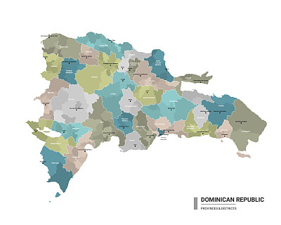 多米尼加共和国高详细地图与分区。多米尼加共和国的行政地图，有地区和城市的名称，颜色由州和行政区域。矢量插图。