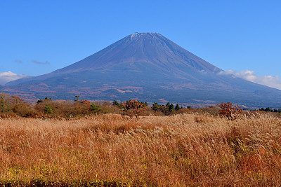 静冈县Fujinomiya的富士山和旭木高原的秋色