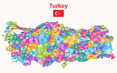 土耳其各区按省彩色高详细矢量地图