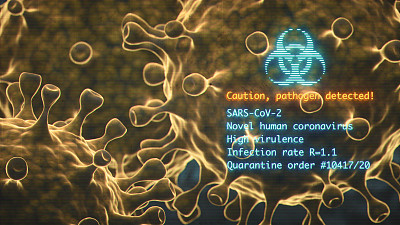 简单抽象的COVID-19病毒数据以发光的生物危害标志和黑色的病毒细胞病原体为背景显示