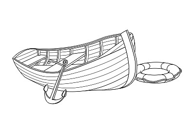 岸上用木板制成的木船，有救生环和抓钩，象征救援