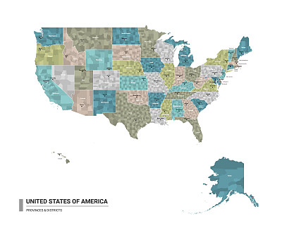 美利坚合众国(美国)高详细地图与细分。美利坚合众国(USA)的行政地图，带有地区和城市的名称，按州和行政区域着色。矢量插图。