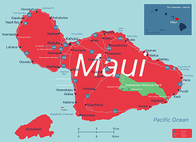 毛伊岛详细的可编辑地图