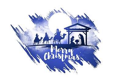 矢量插图基督诞生，婴儿耶稣到达东方三博士熊礼物，三个英明的国王和伯利恒之星，诞生圣诞图形设计元素