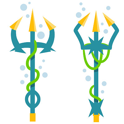 波塞冬的三叉戟。有藻类和水泡的神秘物体。蓝色金色的魔法棒。卡通平面插图。海王的武器