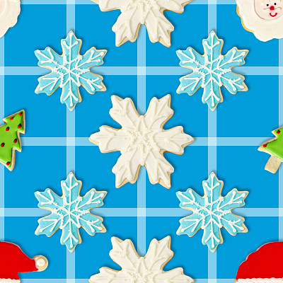 图案:圣诞树，蓝色雪花和天使:圣诞饼干重复图案背景墙纸