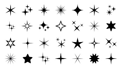 闪耀星图标设置-矢量股票插图。不同形式的恒星，星座，星系