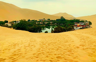 沙漠绿洲湖环绕着高大的黄色沙丘。
