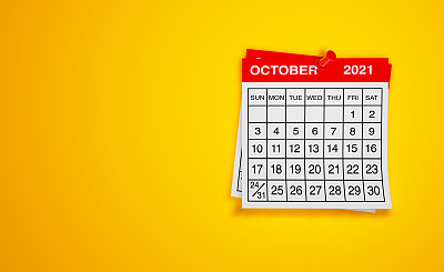 10月2021年日历上的黄色背景