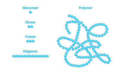 载体科学说明单体，二聚体，三聚体，低聚体，和聚合物孤立在白色背景。作为聚合物一部分的单体的重复单位。