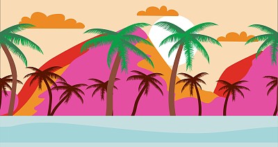 热带岛屿卡通背景在夏季日落与棕榈树。空荡荡的海滩，没有人。平面设计