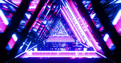 抽象的未来主义三角形走廊，荧光紫外线，彩色激光霓虹线，几何无尽的隧道，3d插图