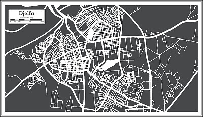 Djelfa阿尔及利亚城市地图黑白复古风格。略图。