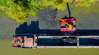河流鸟瞰图，正在用挖掘机疏浚的运河