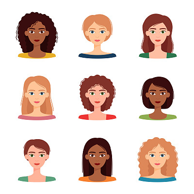 一组不同发型和颜色的女性化身。多元化的年轻女性群体，矢量插图