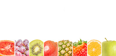 拼贴水果孤立的白色背景与复制空间，新鲜和健康的水果和浆果近距离