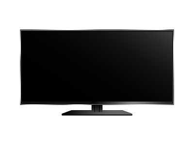 现实的智能电视。宽大的黑色空屏幕与苗条优雅的银色机身上的支架现代3D等离子体。