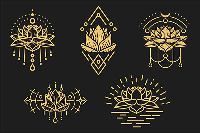一套手画金莲花与神圣的几何元素。设计版画，封面，纹身的现代艺术构图。矢量插图。