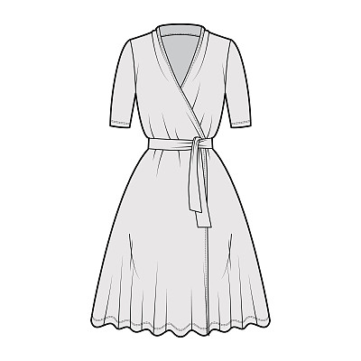 深v领，短袖，超大型，及膝，圆形剪裁，领带的裹裙技术时尚插图