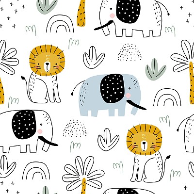 无缝的狩猎模式与狮子幼崽和蓝色大象，仙人掌和棕榈树在白色的背景。矢量插图印刷在包装纸，织物，明信片，服装。可爱的孩子们的背景