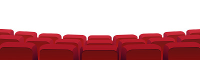 一排排的电影院或电影院的座位孤立在白色上。矢量黑屏，会议厅、歌剧院或礼堂的红色丝绒椅子。Premier showtime舒适的座位，娱乐表演