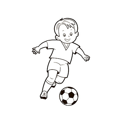 涂色书:一个足球男孩在足球场上踢球。矢量插图卡通风格，黑白线艺术