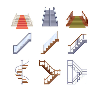 楼梯，带扶手的木制和金属梯子。木质和大理石楼梯覆盖绿色和红色地毯，自动扶梯