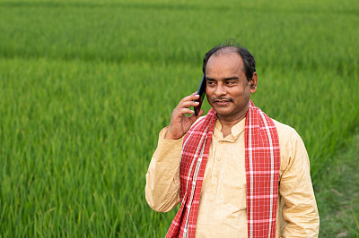 印度农民在农田里用手机打电话