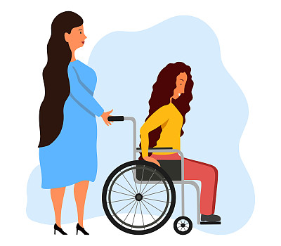 残疾人在轮椅和女医生隔离。妇女在医院运送人行走。医学服务。康复。医疗保健的概念。矢量插图在平面卡通风格。