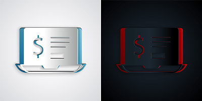 剪纸笔记本电脑与美元图标孤立在灰色和黑色的背景。全球汇款，转账，网上银行，金融交易。纸艺术风格。向量