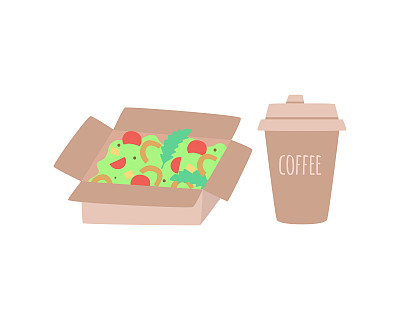 矢量套工艺食品盒和咖啡杯，包装为食品和饮料隔离上白。矢量插图在平面风格。超市，商店，餐厅，快餐包装。