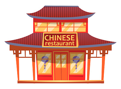 中餐厅卡通插图的建筑立面和灯笼在白色的背景