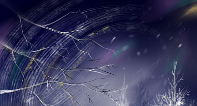 水彩紫罗兰夜天空冬天木材森林冷杉暴风雪背景纹理数字艺术