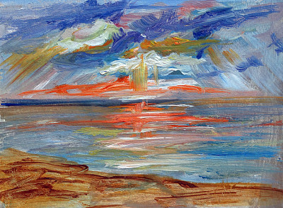 油画描绘了阳光明媚的夏日温暖的大海日落