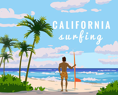 加州冲浪。热带海滩避暑胜地，海滨沙滩，棕榈树，海浪。带冲浪板的冲浪车。海、海、沙滩景观、云海、大自然。矢量图