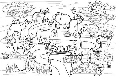 动物园丛林，野生动物涂色书教育插图的孩子。集可爱的狮子，鳄鱼，犀牛，猴子，大象，骆驼，犀牛，大猩猩，河马。矢量白色的黑色卡通轮廓插图