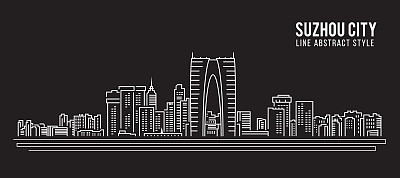 苏州城市景观建筑线条艺术矢量插画设计