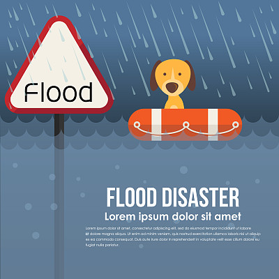 Flood disaster with flood warning banner and dog on Lifebuoy in flood water and rain vector design