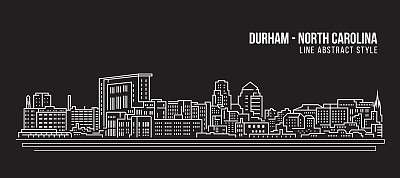 城市景观建筑线条艺术矢量插图设计-达勒姆市(北卡罗来纳州)