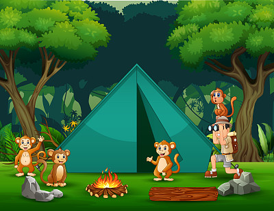 男孩探险家与一些猴子在营地插图