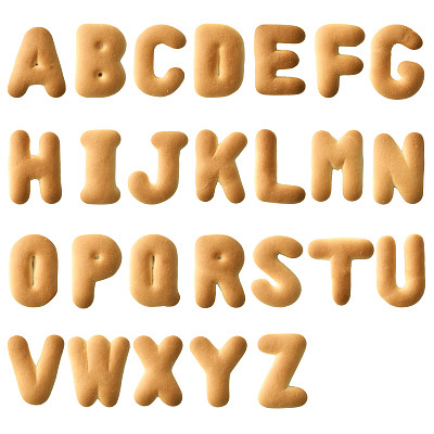 孤立的镜头，以大写字母顺序在饼干在白色的背景