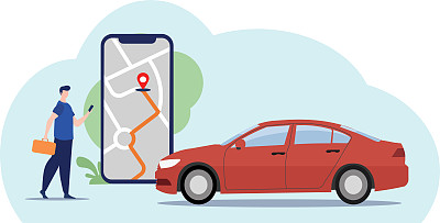 手机GPS导航，旅游观光概念。向量的人查看他的手机地图和寻找GPS坐标。人迷失在通往城市的道路上寻找着导航。