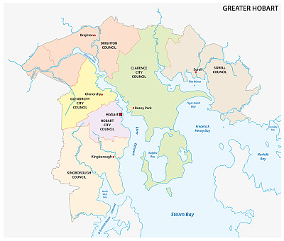 澳大利亚塔斯马尼亚州首府霍巴特的行政矢量地图