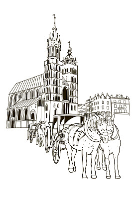 圣玛丽教堂和克拉科夫老城区主要市场广场的矢量草图。波兰。